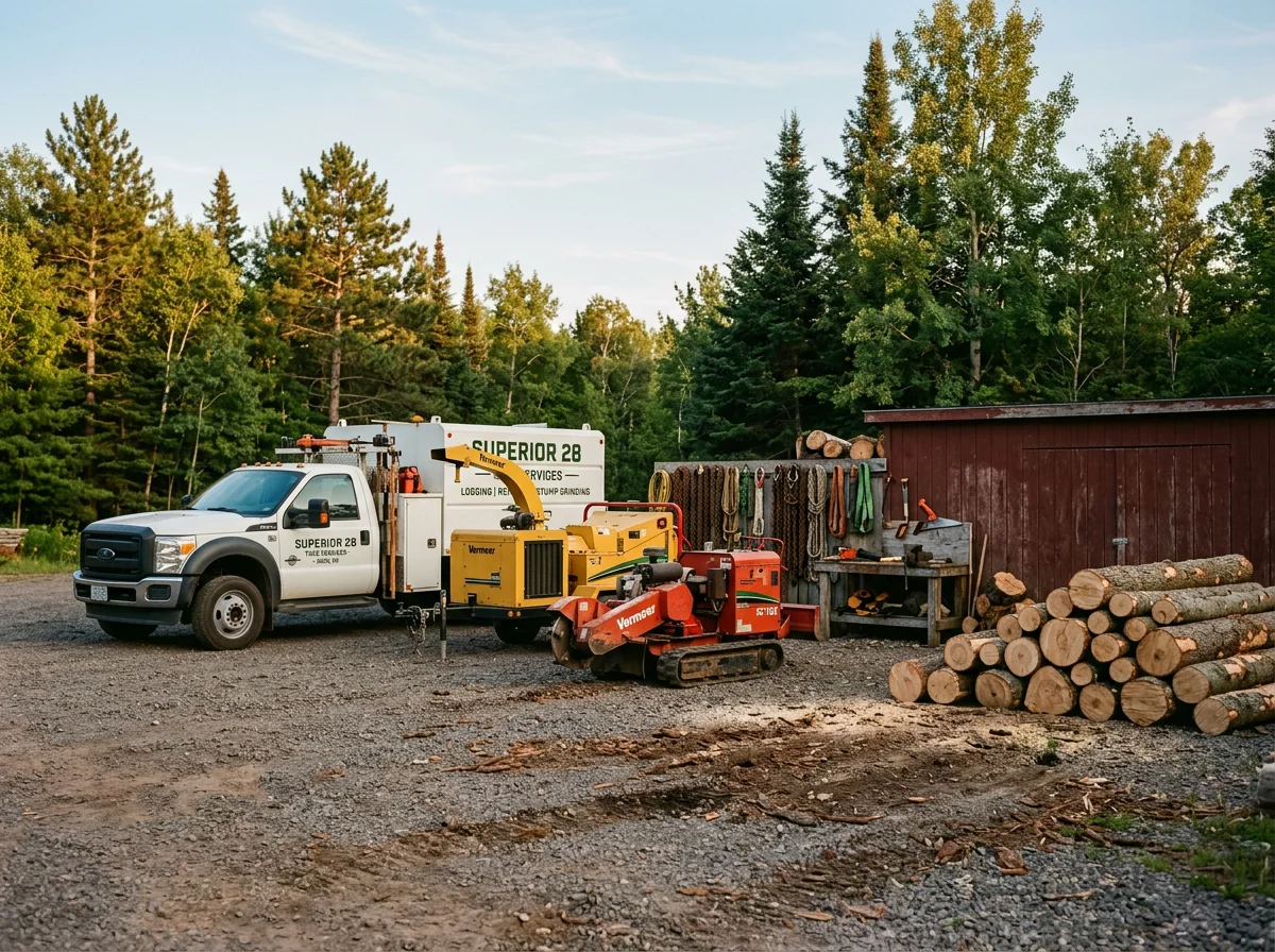 Tree service crew with equipment and tools ready for removal and land clearing work.