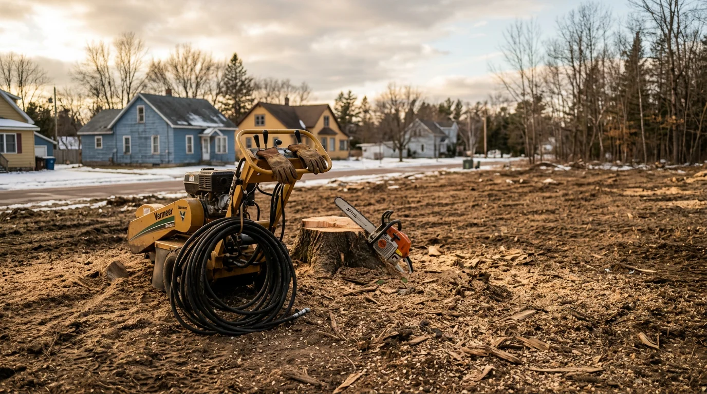 Heavy equipment clearing land with tree removal and stump grinding services in Iron, Michigan