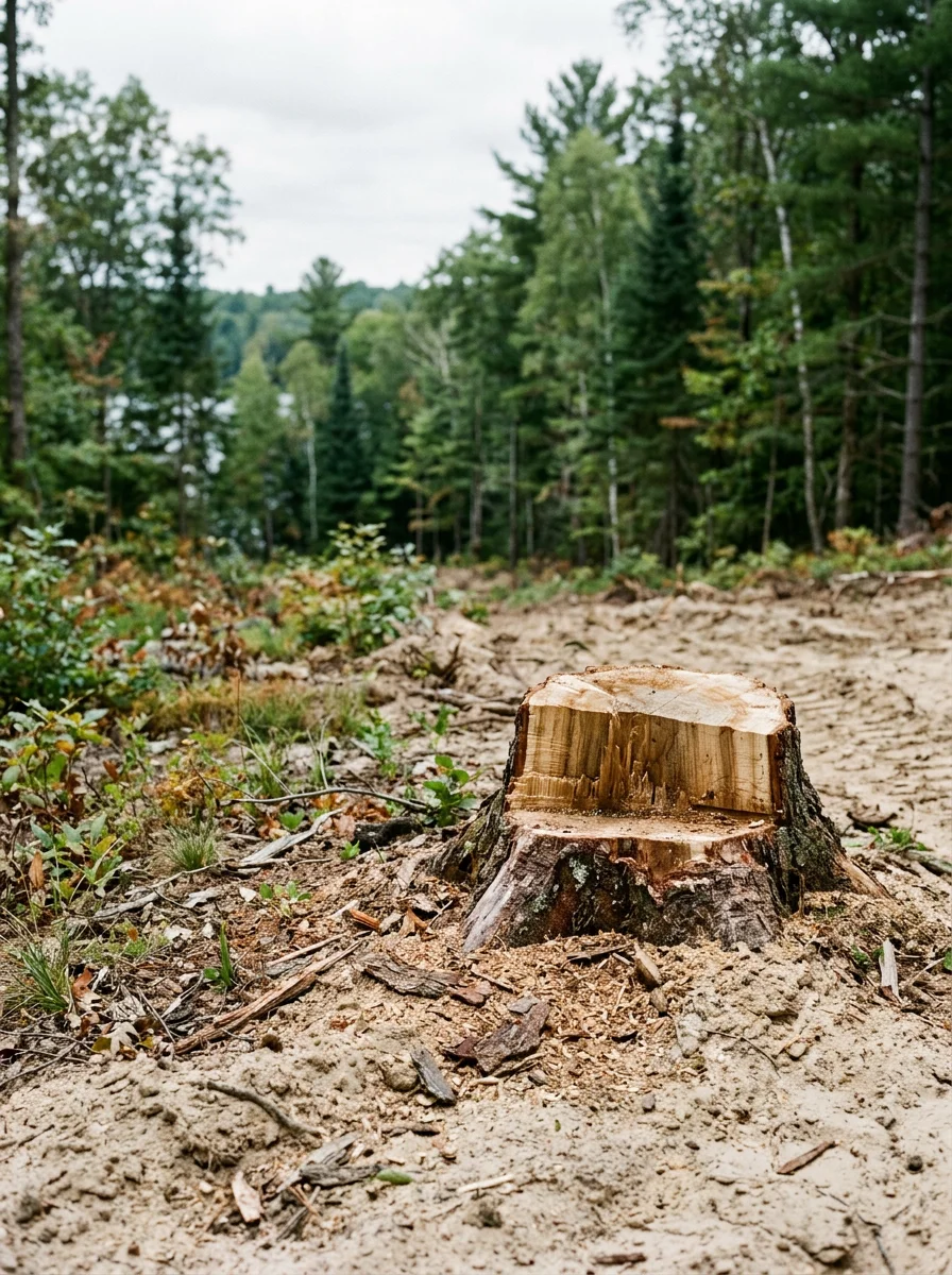 A freshly cleared stump on a lakefront property near Baldwin, MI, with sandy Lake County soil and a wooded shoreline visible behind the cleared area.