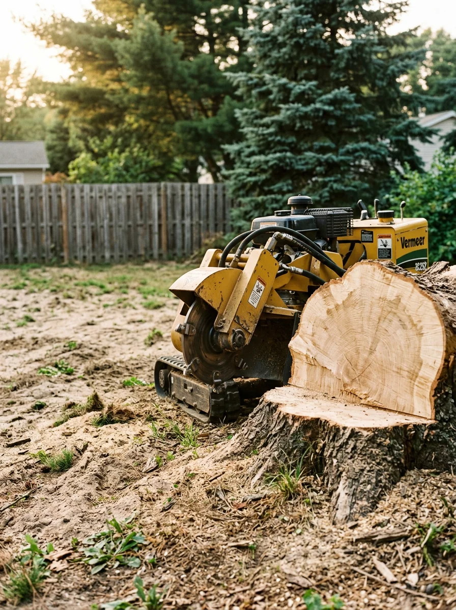 A stump grinder working on a wide hardwood stump in a Big Rapids backyard, with sandy Mecosta County soil and a residential fence line in the background.