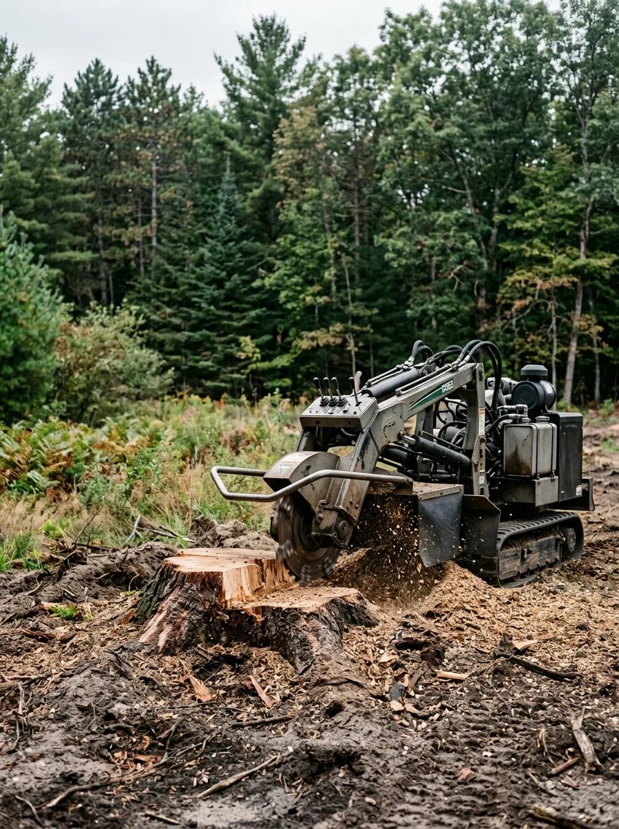 A stump grinder working on a pine stump on a cleared rural lot near Bitely, MI, with dense Manistee National Forest tree cover surrounding the open clearing.