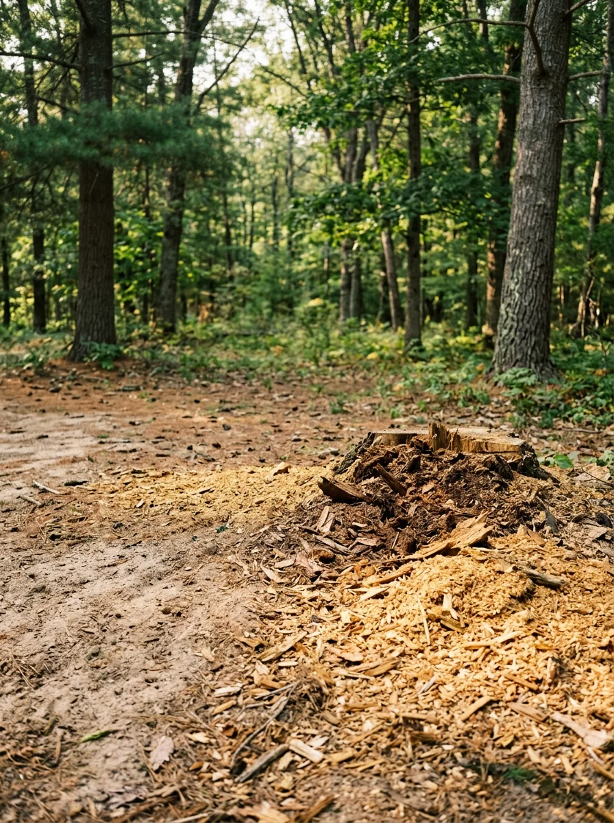 A freshly ground stump on a Lake County property near Irons, MI, with wood chips spread across sandy soil and pine trees surrounding the clearing.