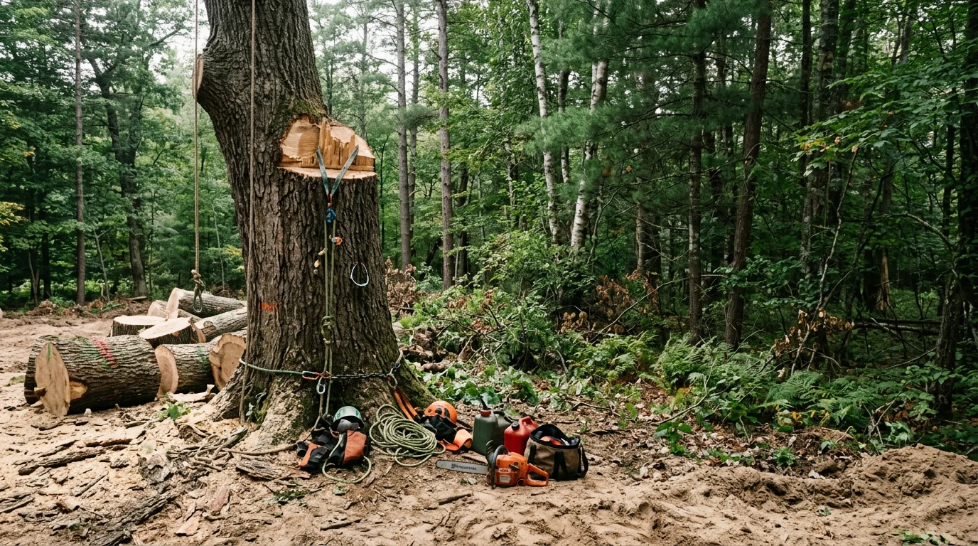 A large mature oak tree being removed on a wooded rural lot in Irons, Michigan, with sandy soil and dense forest visible in the background.