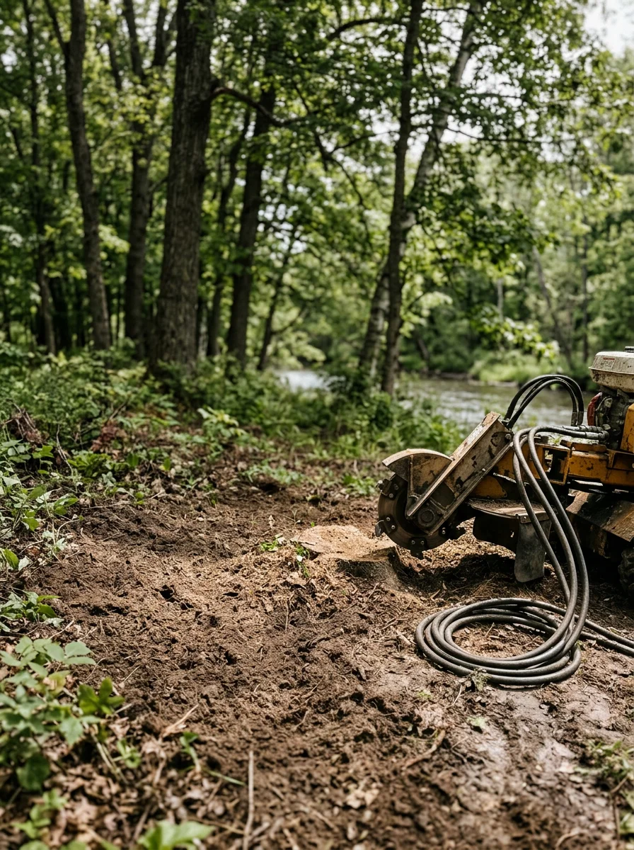 A stump grinder working on a hardwood stump near the White River in White Cloud, MI, with moist riverbank soil and mature trees lining the property edge.