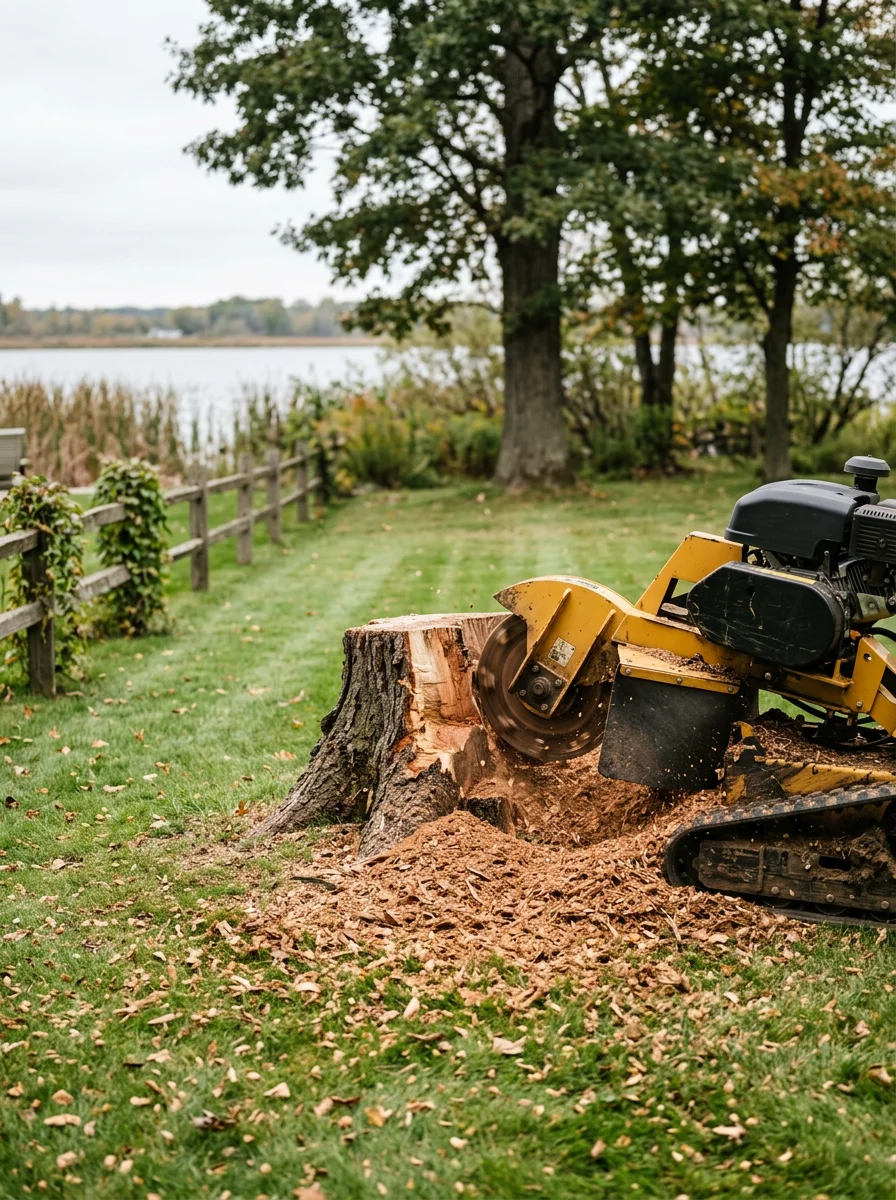 A stump grinder reducing a large oak stump to wood chips on a Wolf Lake, MI residential lot, with a lawn and lakeside vegetation visible in the background.