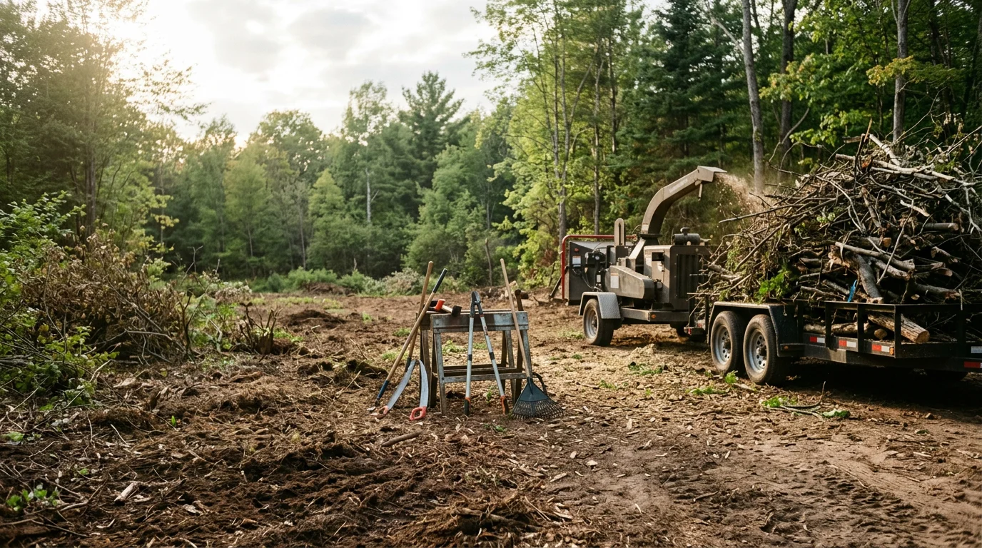 A cleared residential yard in Iorn, Michigan, with thick shrubs and woody undergrowth removed, leaving open ground ready for use. A pile of cut brush sits at the edge of the property before hauling.