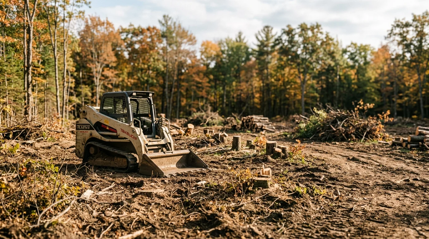 A commercial parcel in the Iorn, Michigan area after land clearing, showing stumps removed and brush cleared to bare ground ready for development. Dense Michigan hardwood and mixed brush have been cut back to the property boundary.