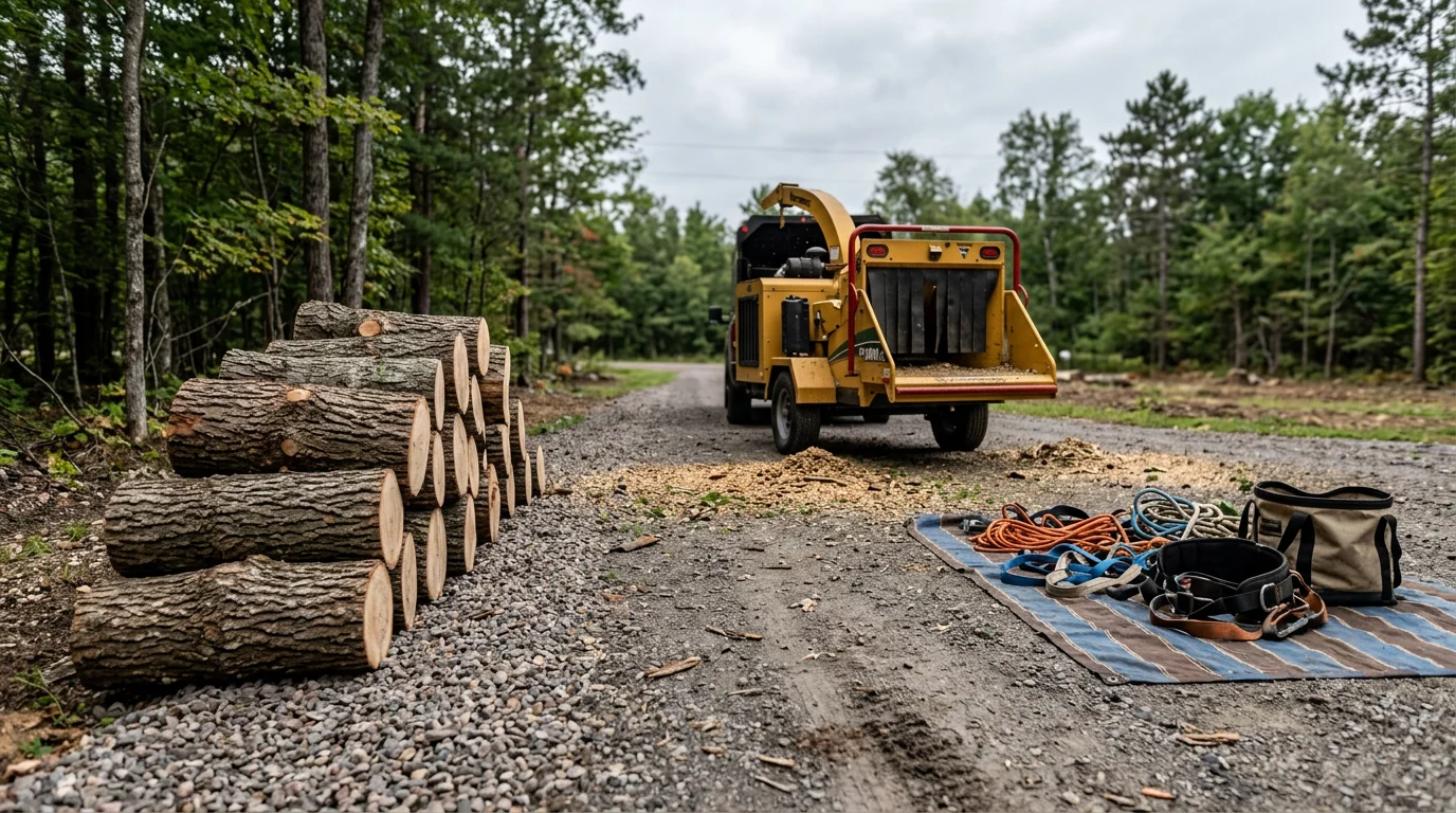 A large storm-damaged tree that has fallen across a residential driveway in Iorn, Michigan, with a tree service crew working to section and remove the trunk. Debris is piled to the side as the property is cleared.