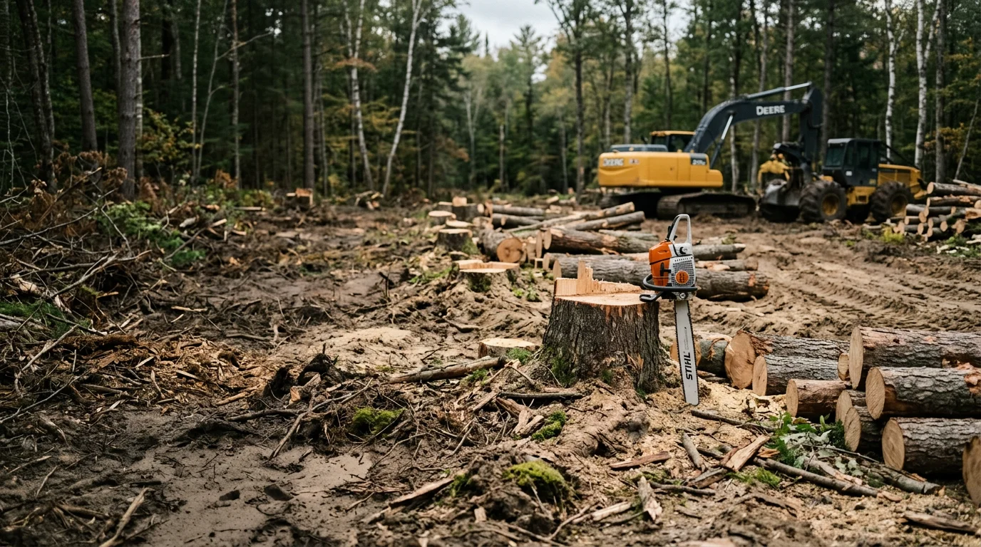 A cleared wooded parcel in the Iorn, Michigan area with stumps and brush removed, showing open ground ready for use. Dense tree line visible at the property edge against a West Central Michigan rural backdrop.