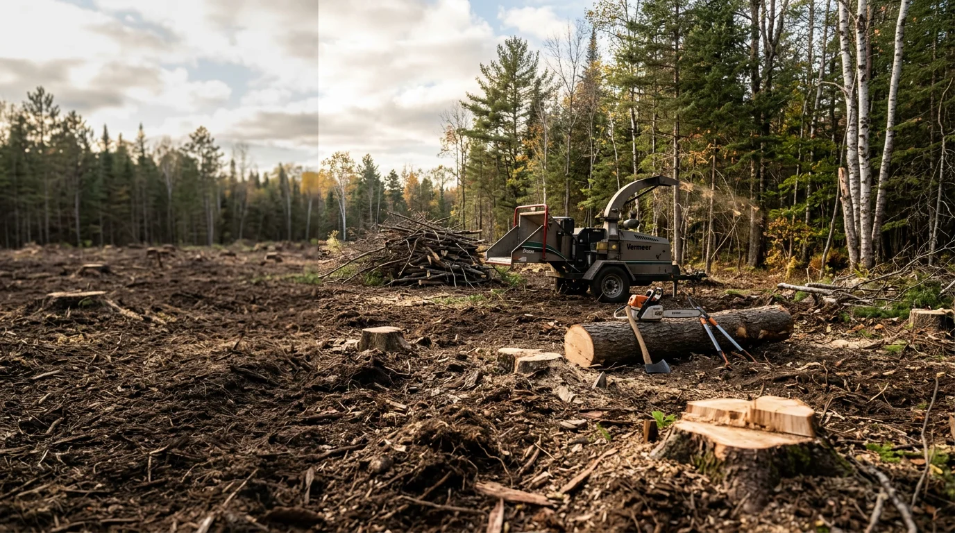 A freshly cleared wooded lot in Iorn, Michigan with trees and brush fully removed, leaving open ground ready for use. Stumps are gone and the lot edges are visible against the surrounding tree line.