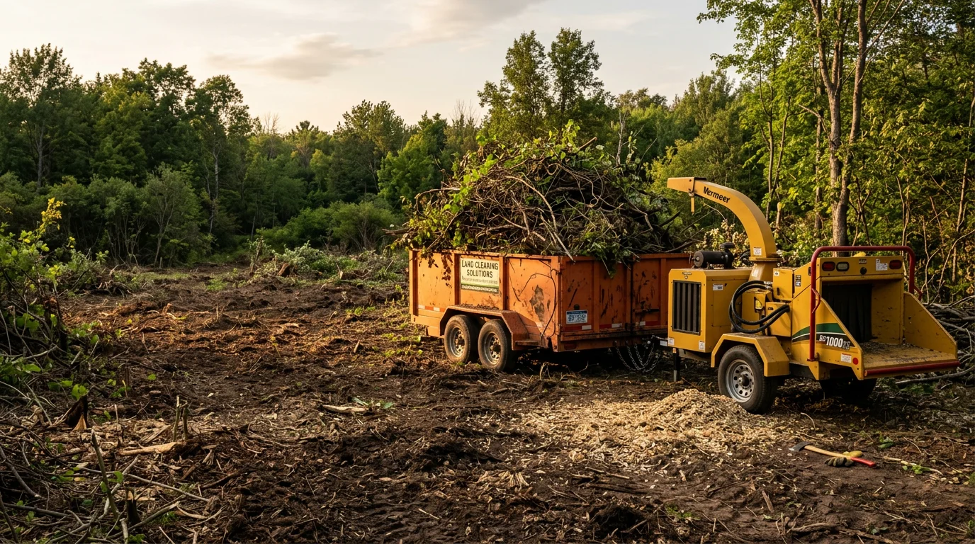 A cleared residential property in Iorn, Michigan, showing open ground and defined edges after dense brush and overgrown scrub have been removed. Cut vegetation and debris are gone, leaving the lot accessible and usable.