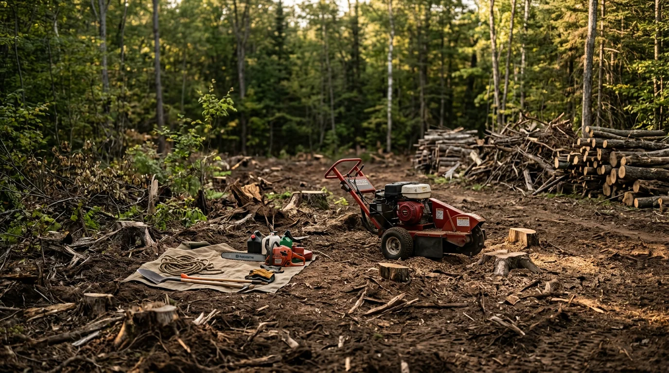 A cleared residential lot in Iorn, Michigan with trees and brush removed, showing open ground and clean sight lines across the property. Superior 28 Tree Services residential land clearing work in west-central Michigan.