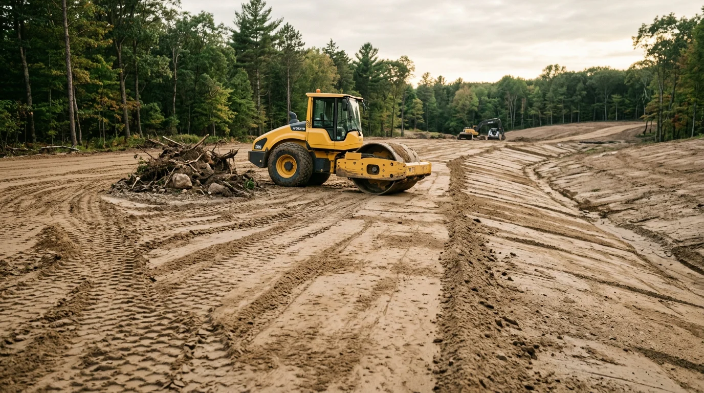 A graded and compacted dirt lot in Iorn, Michigan with cleared surface soil and shaped drainage slopes ready for construction. The surrounding tree line and open sky reflect the rural west-central Michigan landscape typical of the area.