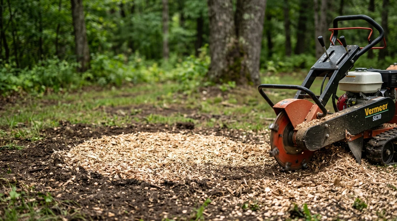 A freshly ground tree stump in a residential yard in Iorn, Michigan, showing a level wood chip-filled area where a large stump once stood. Surrounding lawn and mature trees are visible in the background.