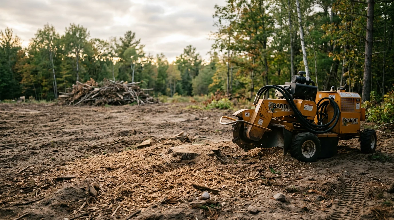 A cleared residential lot in Iorn, Michigan after tree removal and stump grinding, with ground-level stumps and brush removed and bare soil ready for seeding. A pile of wood debris sits at the edge of the property before final hauling.