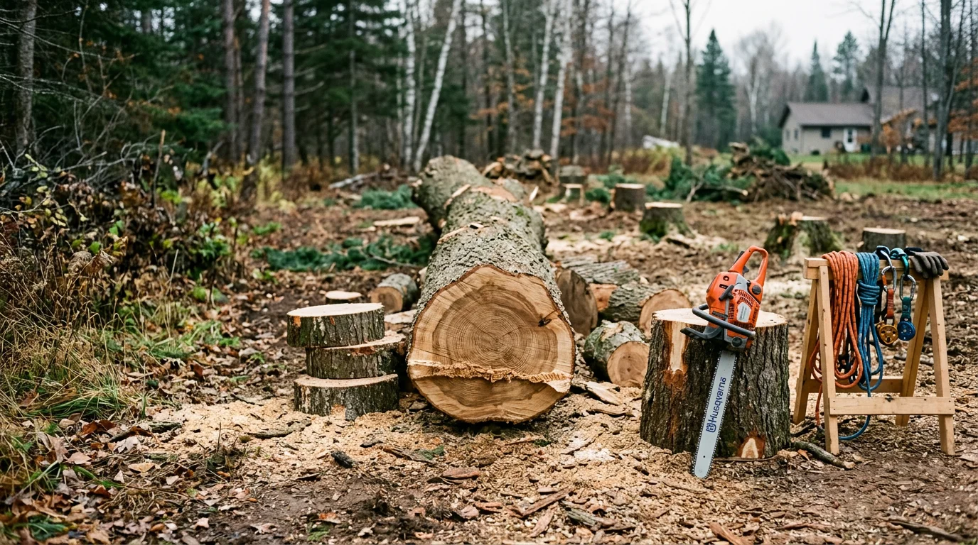 A large tree being removed in sections near a residential home in Iorn, Michigan, with cut wood on the ground and the property intact. A cleared yard in West Michigan after professional tree removal, showing the open space left behind.
